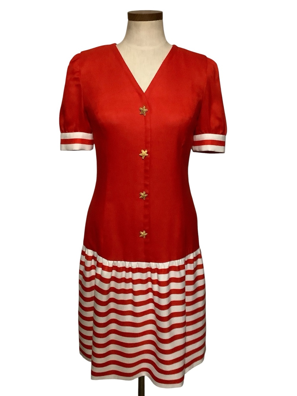 Vintage CH by Carolina Herrera Red And White Striped Drop Waist Dress Nautical